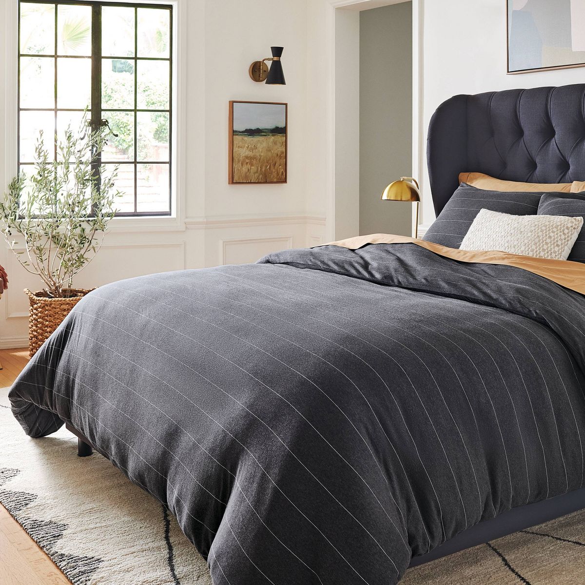 King Jersey Duvet and Sham Set Dark Gray Striped - Threshold™: Cotton Knit, Zipper Closure, OEKO-TEX Certified