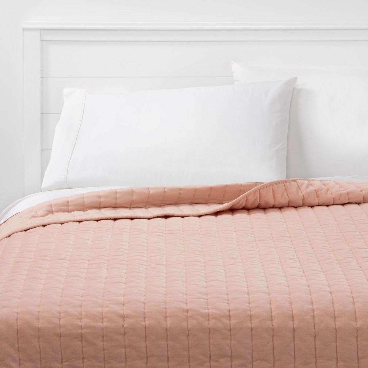 King Channel Stitch Velvet Quilt Soft Blush - Threshold™: Cotton Backing, Year Round Comfort, Machine Washable
