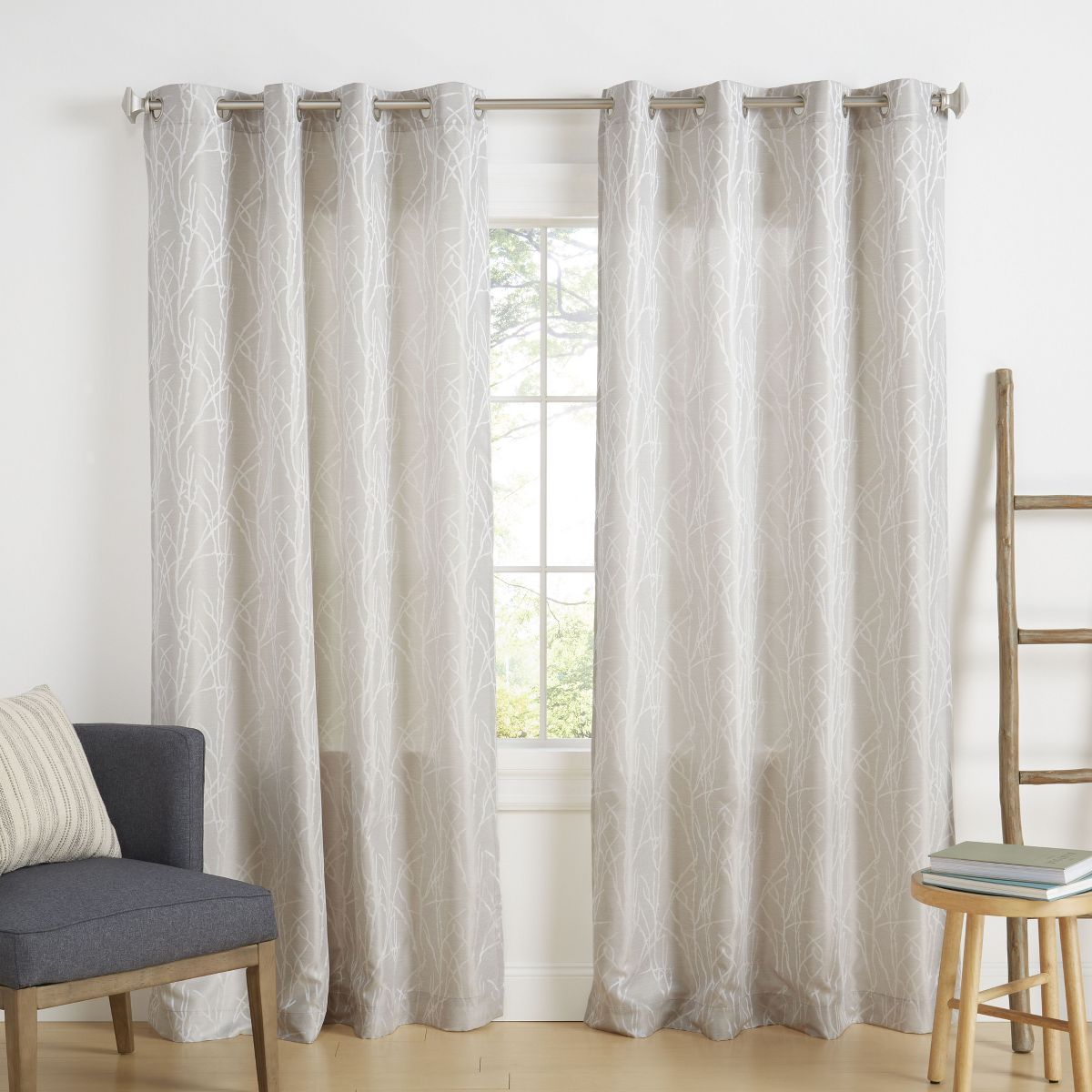 EXCLUSIVE HOME Finesse Branch Print Grommet Top Curtain Panel Pair, 54"x96", Dove Grey