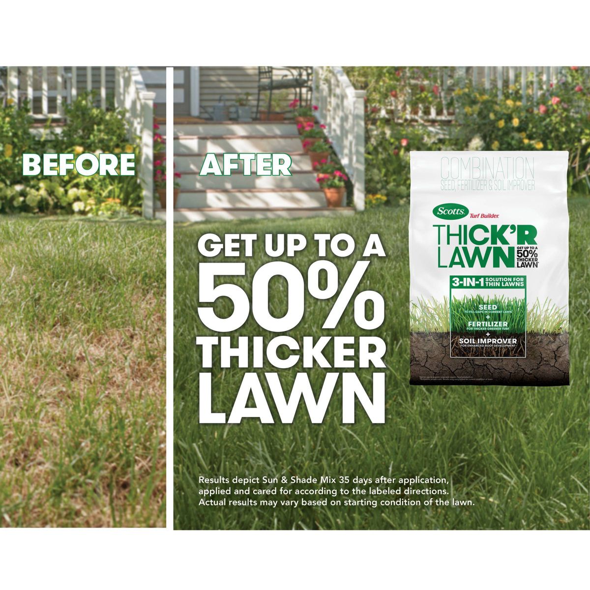 Scotts 3-in-1 Thick'R Lawn Sun & Shade Soil: Soil Improver, Seed, Fertilizer, 50% Thicker Lawn