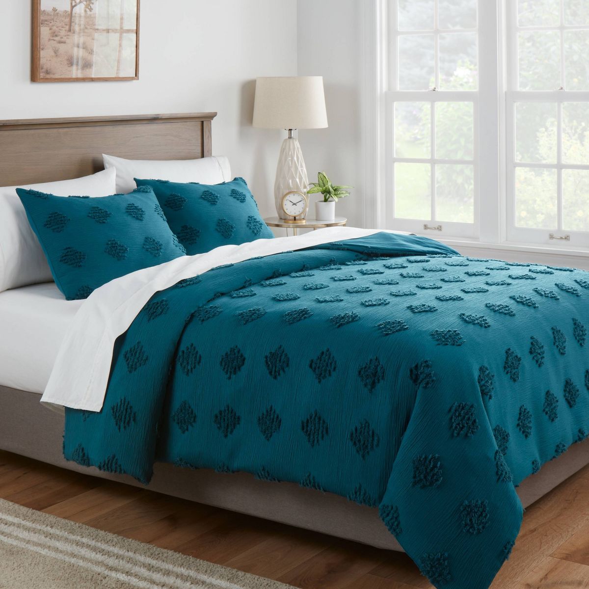 Full/Queen Tufted Diamond Crinkle Duvet Cover and Sham Set Dark Teal Blue - Threshold
