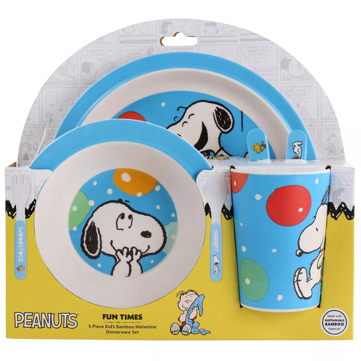 NEW - Peanuts Fun Times 5 Piece Kid's Bamboo Melamine Dinnerware Set in Blue