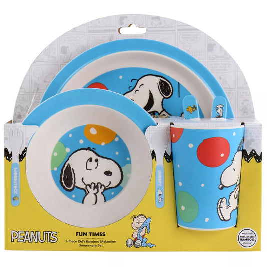 NEW - Peanuts Fun Times 5 Piece Kid's Bamboo Melamine Dinnerware Set in Blue