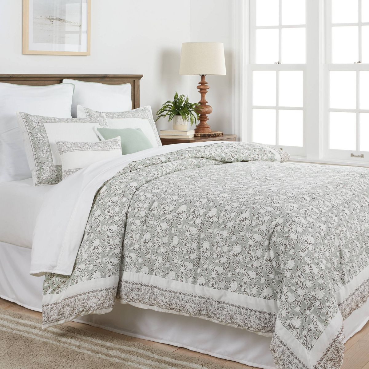 8pc Queen Printed Floral with Border 8pc Comforter Set Green - Threshold™: Cotton Blend, Percale Weave, OEKO-TEX Certified