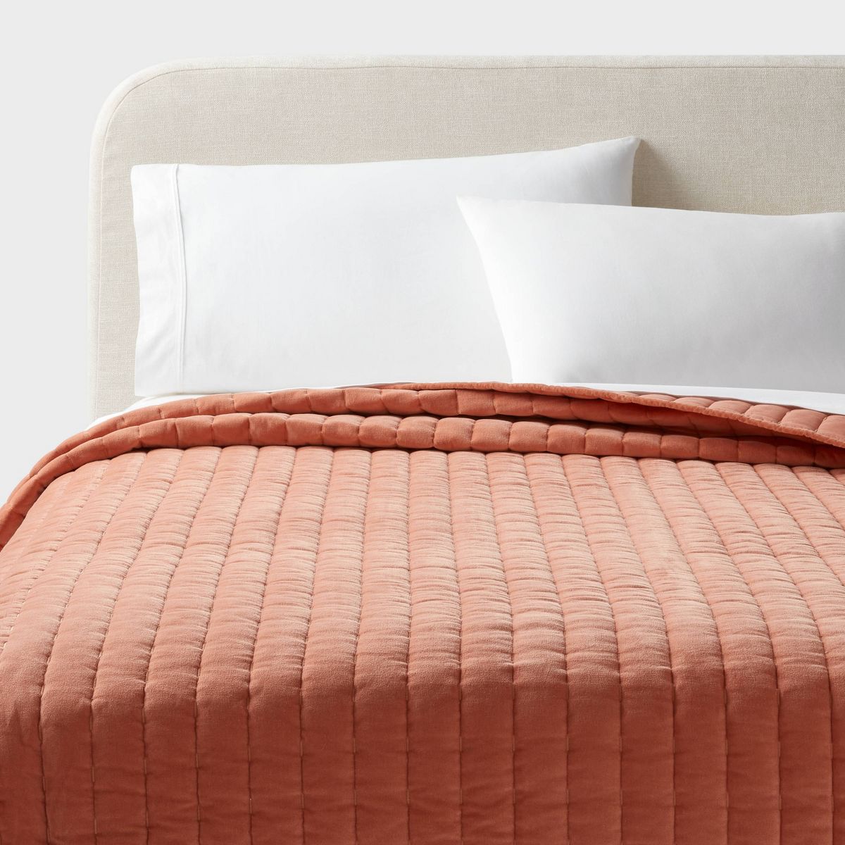 King Channel Stitch Velvet Quilt Light Terracotta - Threshold™: OEKO-TEX Certified, Cotton Backing, Year-Round Comfort