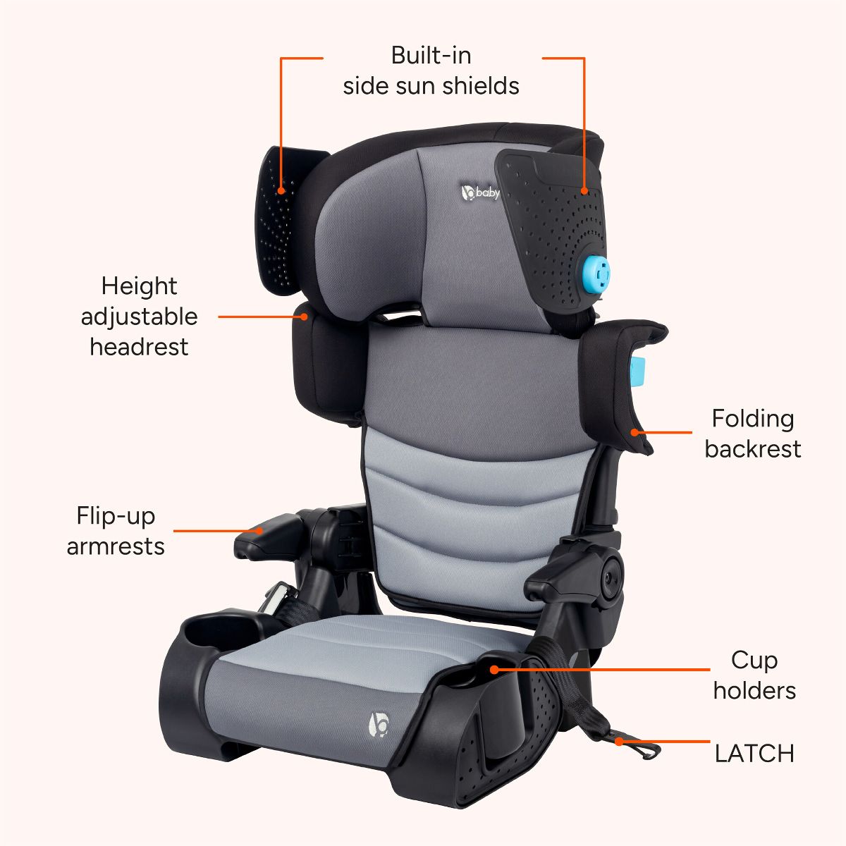Baby Trend Koa Slim High Back Booster Car Seat with Side Sun Visors and Latch - Cosmic Gray