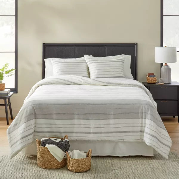 Alternating Pinstripe Comforter & Sham Set Gray/Cream King