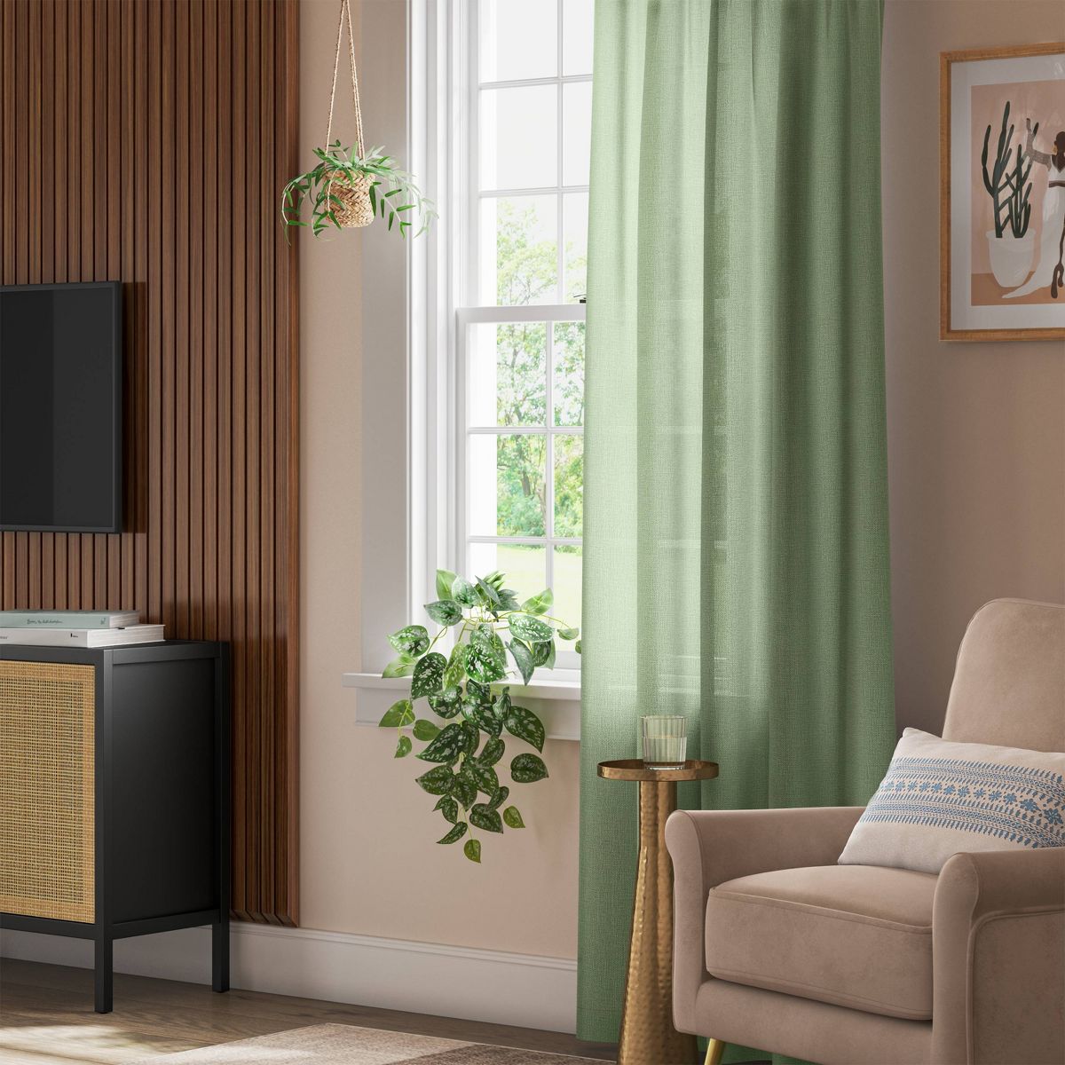 54"x63" Light Filtering Solid Farrah Window Curtain Panel Sage Green - Threshold™: Ribbed Cotton & Recycled Polyester