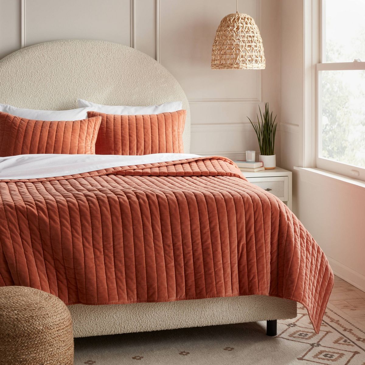 King Channel Stitch Velvet Quilt Light Terracotta - Threshold™: OEKO-TEX Certified, Cotton Backing, Year-Round Comfort