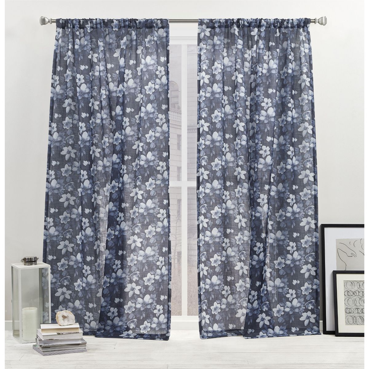 Nicole Miller Dara Light Filtering, Semi Sheer Rod Pocket Curtain Panels, 54"x108", Indigo, Set of 2