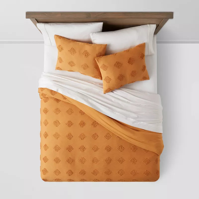 King Tufted Diamond Crinkle Duvet Cover and Sham Set Dark Gold