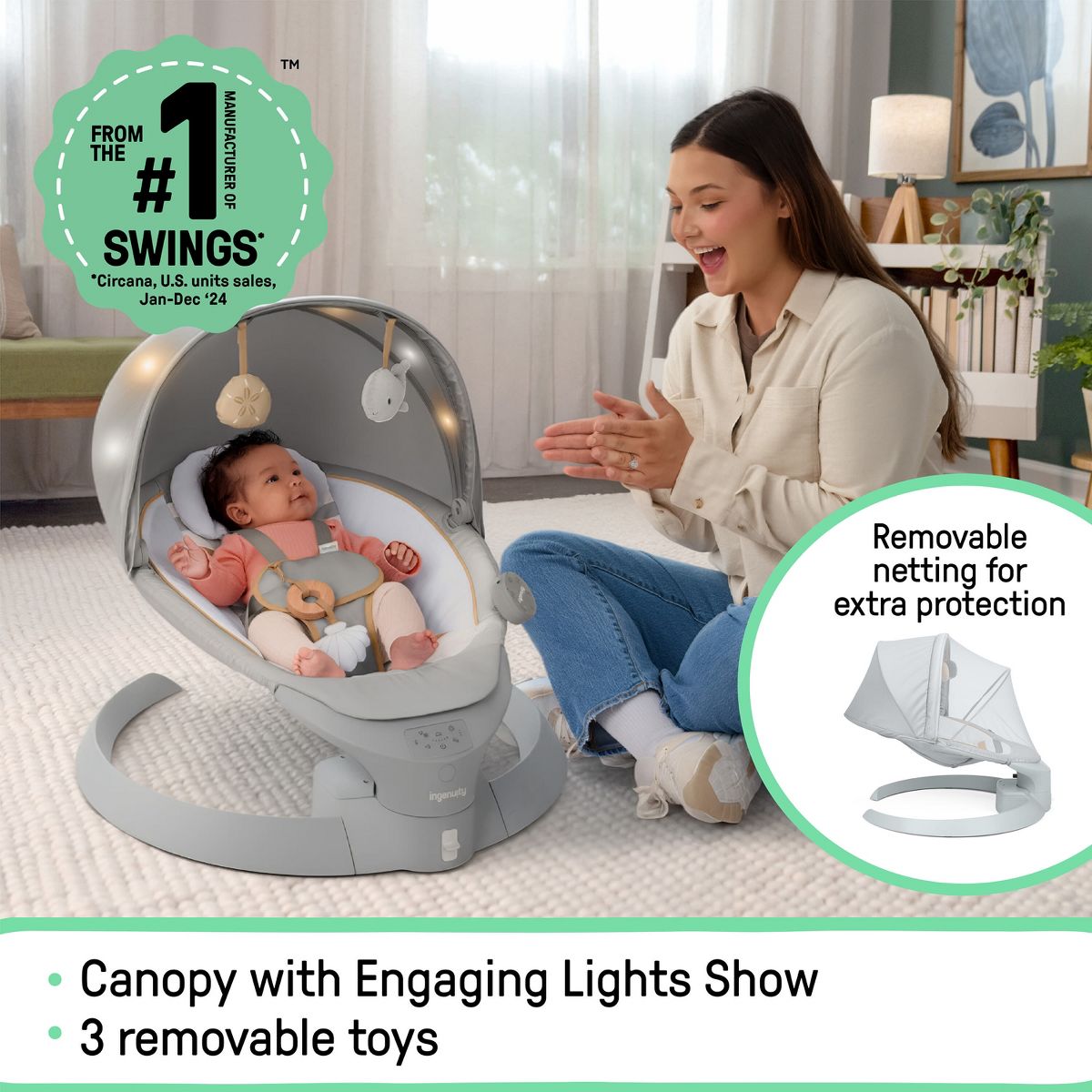 Ingenuity Inlighten 3-in-1 Bounce & Sway Baby Swing with Bluetooth & Canopy - Pebble Shore