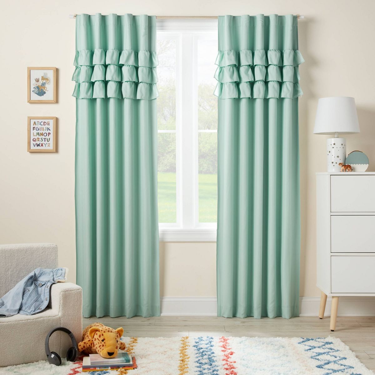 42"W x 95"L Ruffle Kids' Blackout Window Curtain Panel Mint Green - Pillowfort™