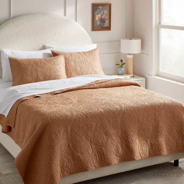 King Garment Washed Paisley Stitch Quilt Camel : Microfiber Coverlet, Year Round Comfort, OEKO-TEX Certified