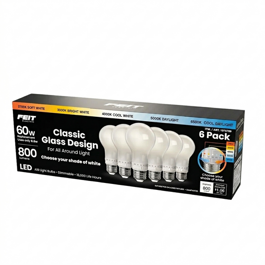 Feit Electric 60W Replacement 5-CCT LED Classic Glass A19 Bulbs, 6-pack