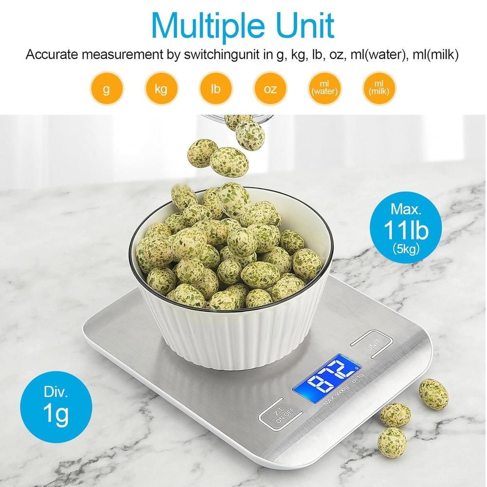Food Kitchen Scale, White, Digital Grams and Ounces, LCD Display, Medium, 304 Stainless Steel