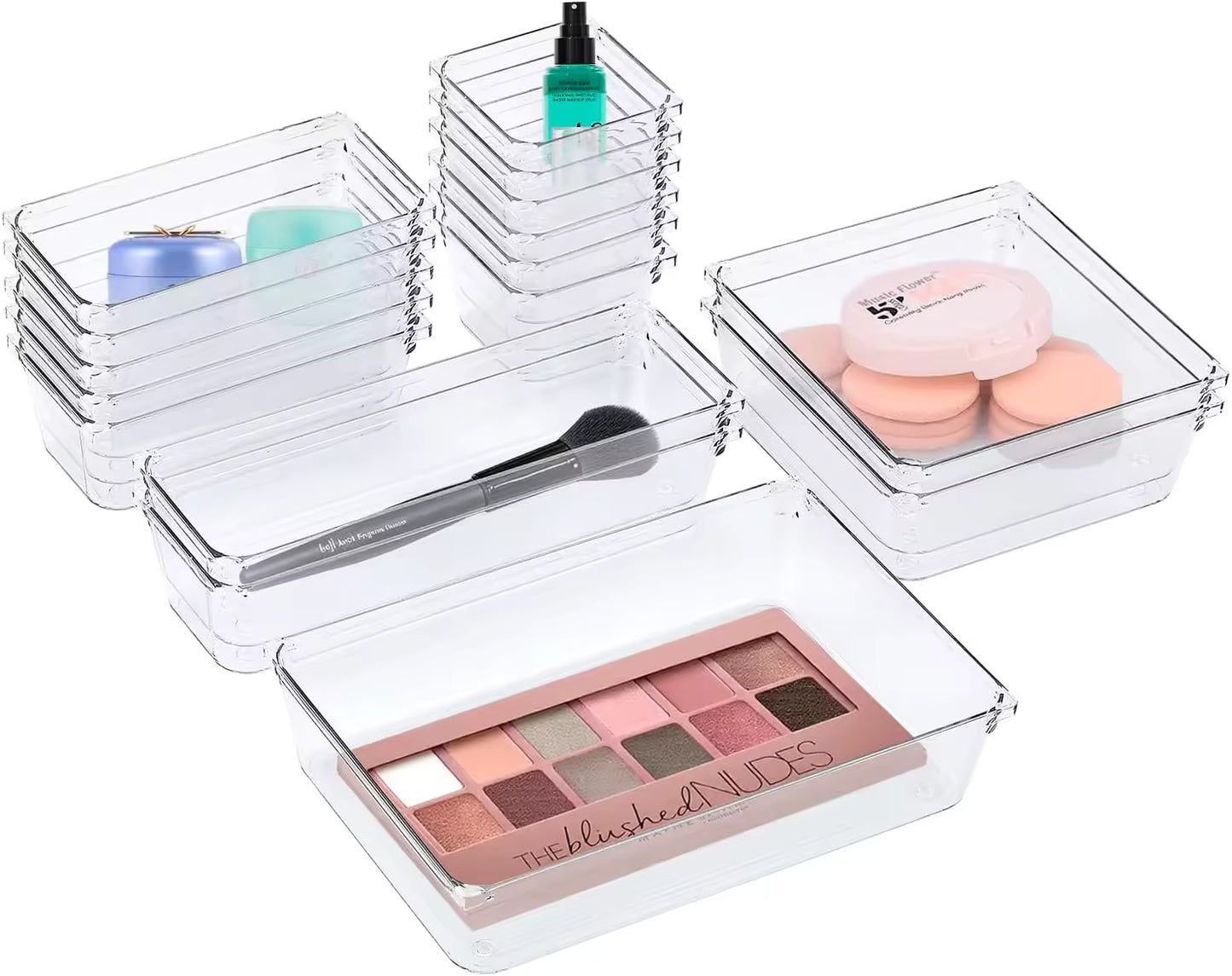 12-Piece Multipurpose Clear Organizer Set – 4 Sizes for Kitchen, Vanity, and Office