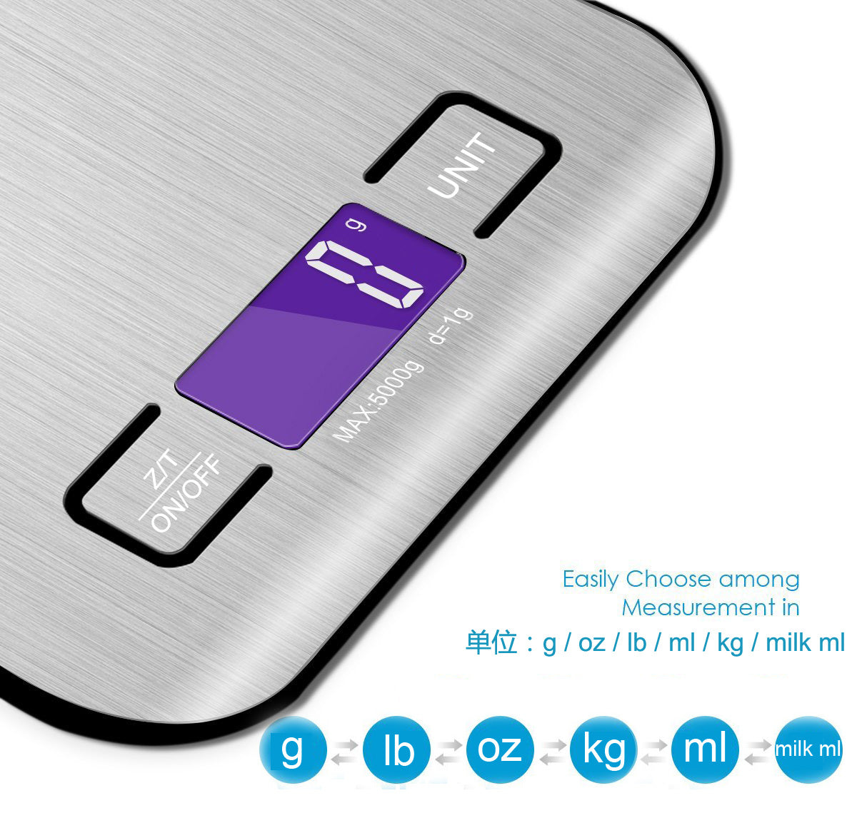 Food Kitchen Scale, Black, Digital Grams and Ounces, LCD Display, Medium, 304 Stainless Steel