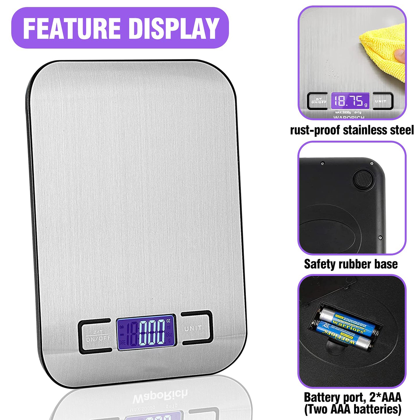 Food Kitchen Scale, Black, Digital Grams and Ounces, LCD Display, Medium, 304 Stainless Steel