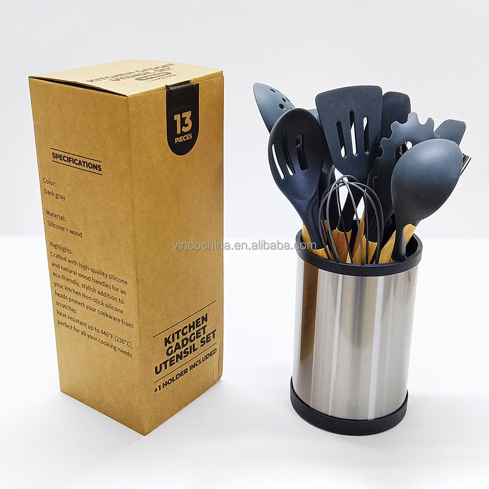 12 Piece Silicone Cooking Utensils Set, Wooden Handles with Stainless Steel Holder