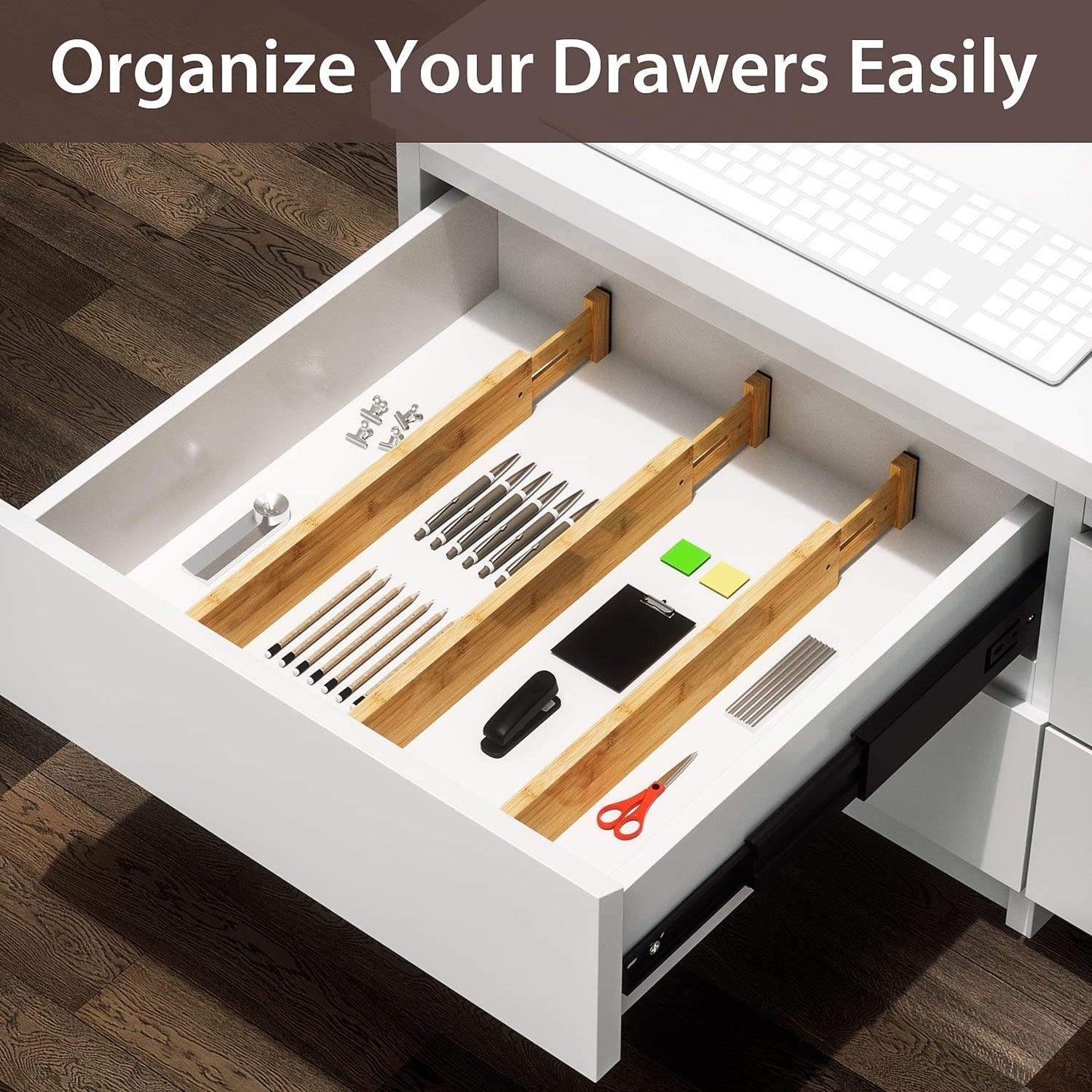 4pc Bamboo Drawer Dividers - Adjustable 17-22” - Spring Loaded Organizer Set