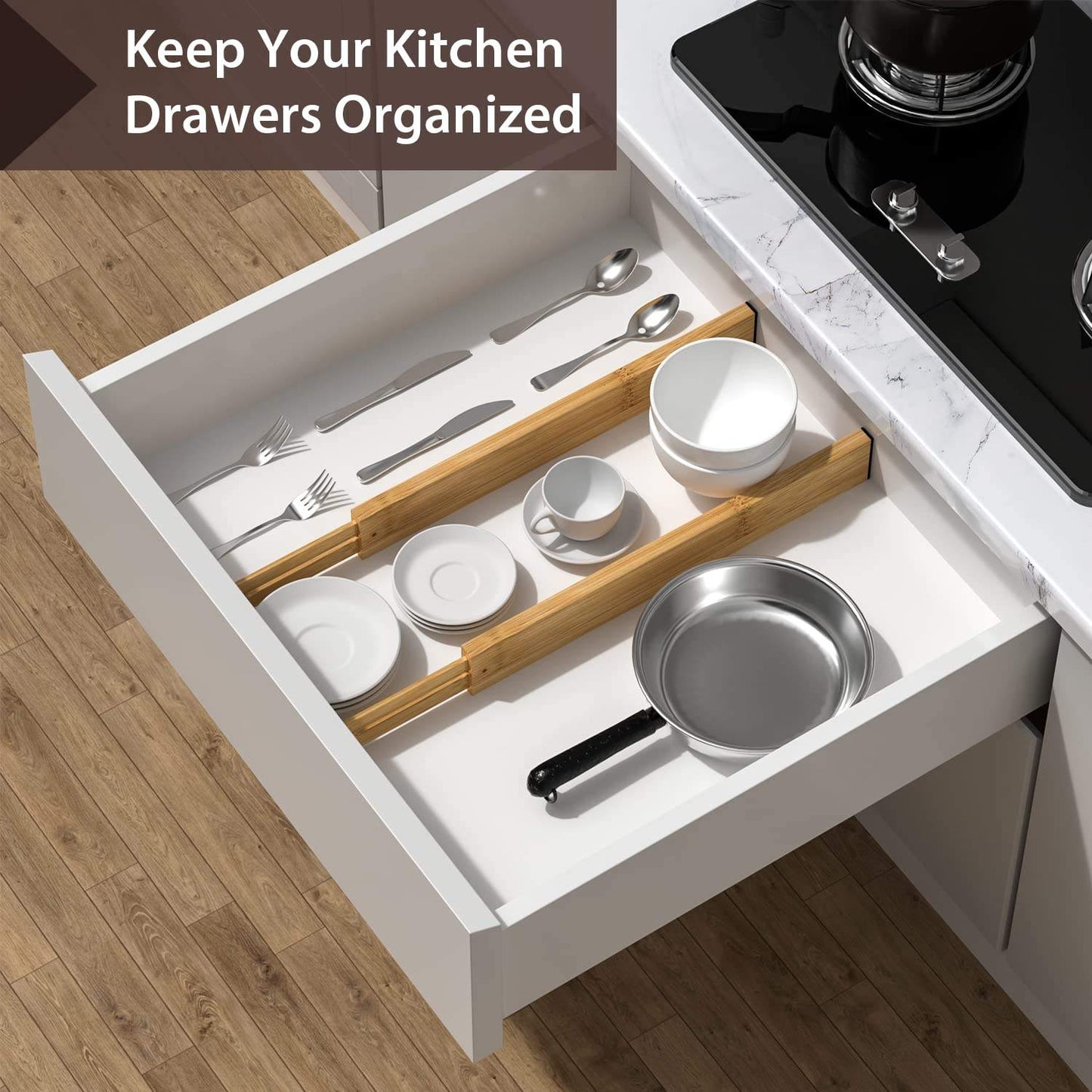 4pc Bamboo Drawer Dividers - Adjustable 17-22” - Spring Loaded Organizer Set
