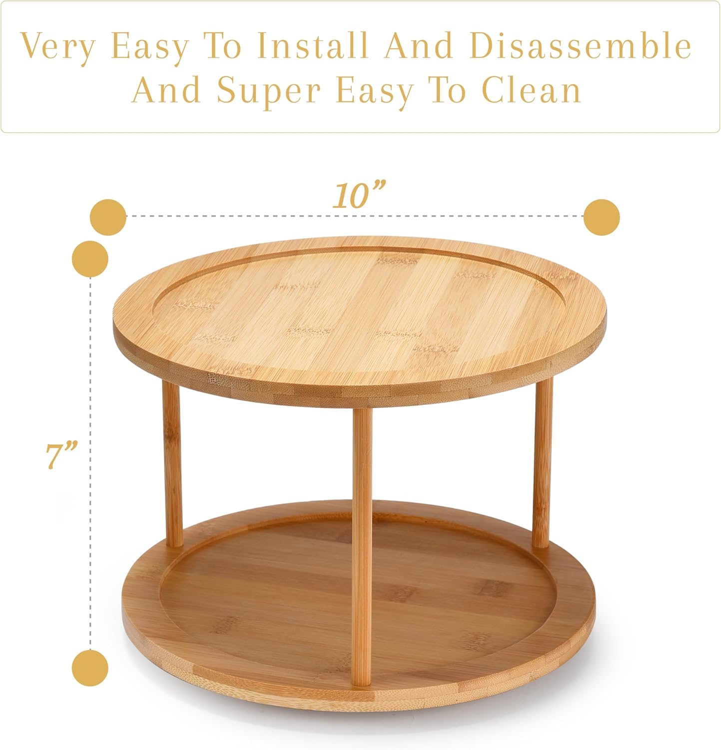 Two-Tier Bamboo Wood Lazy Susan Organizer Kitchen Turntable for Cabinet, Table or Pantry Organization, 10" Diameter & 7" High