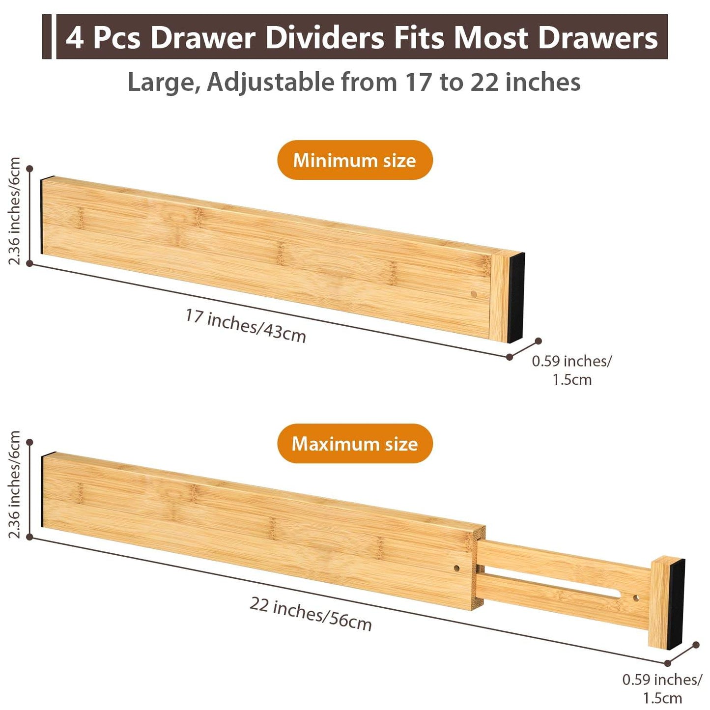 4pc Bamboo Drawer Dividers - Adjustable 17-22” - Spring Loaded Organizer Set