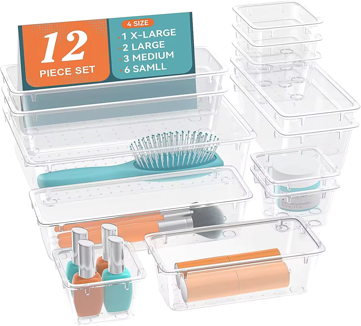 12-Piece Multipurpose Clear Organizer Set – 4 Sizes for Kitchen, Vanity, and Office