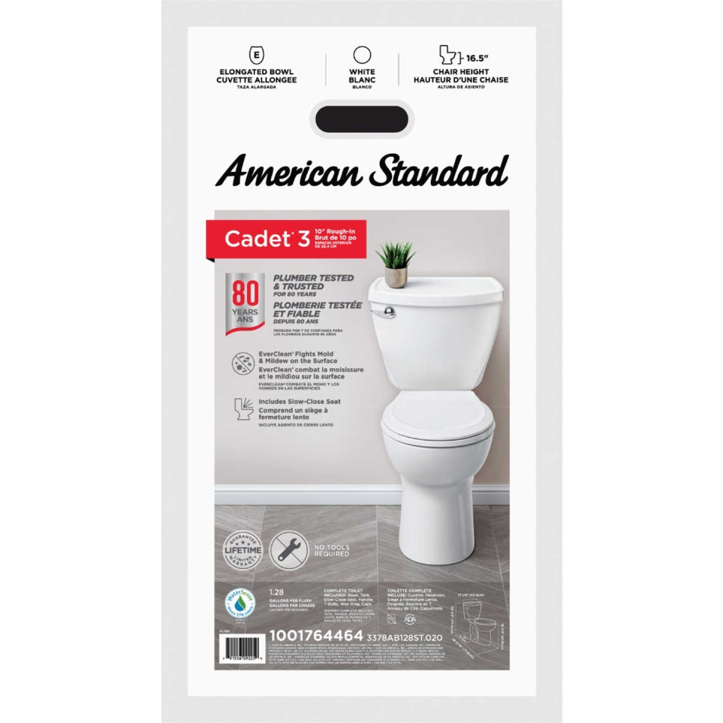 American Standard Cadet 3 10 In. Rough-In White Chair Height Elongated Bowl 1.28 GPF Toilet