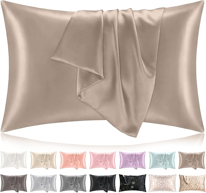 Softhour Premium Satin Pillow Cases with Zipper Closure, Queen Size 20 x 30 Inches, Light Brown