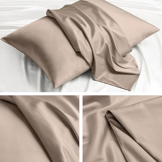 Softhour Premium Satin Pillow Cases with Zipper Closure, Queen Size 20 x 30 Inches, Light Brown
