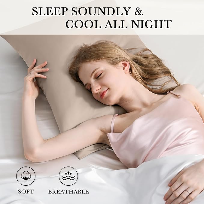 Softhour Premium Satin Pillow Cases with Zipper Closure, Queen Size 20 x 30 Inches, Light Brown