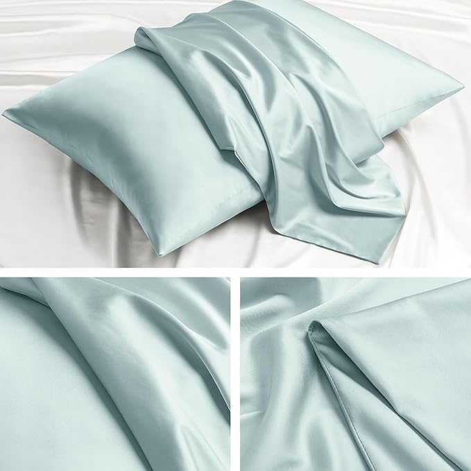 Softhour Premium Satin Pillow Cases with Zipper Closure, King Size 20 x 36 Inches, Misty Blue