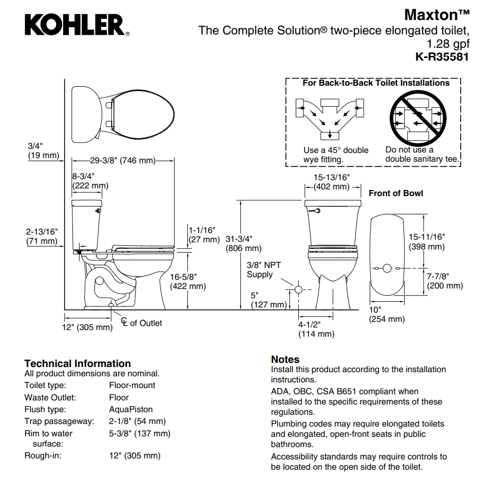 NEW - Kohler Maxton Two-Piece Toilet