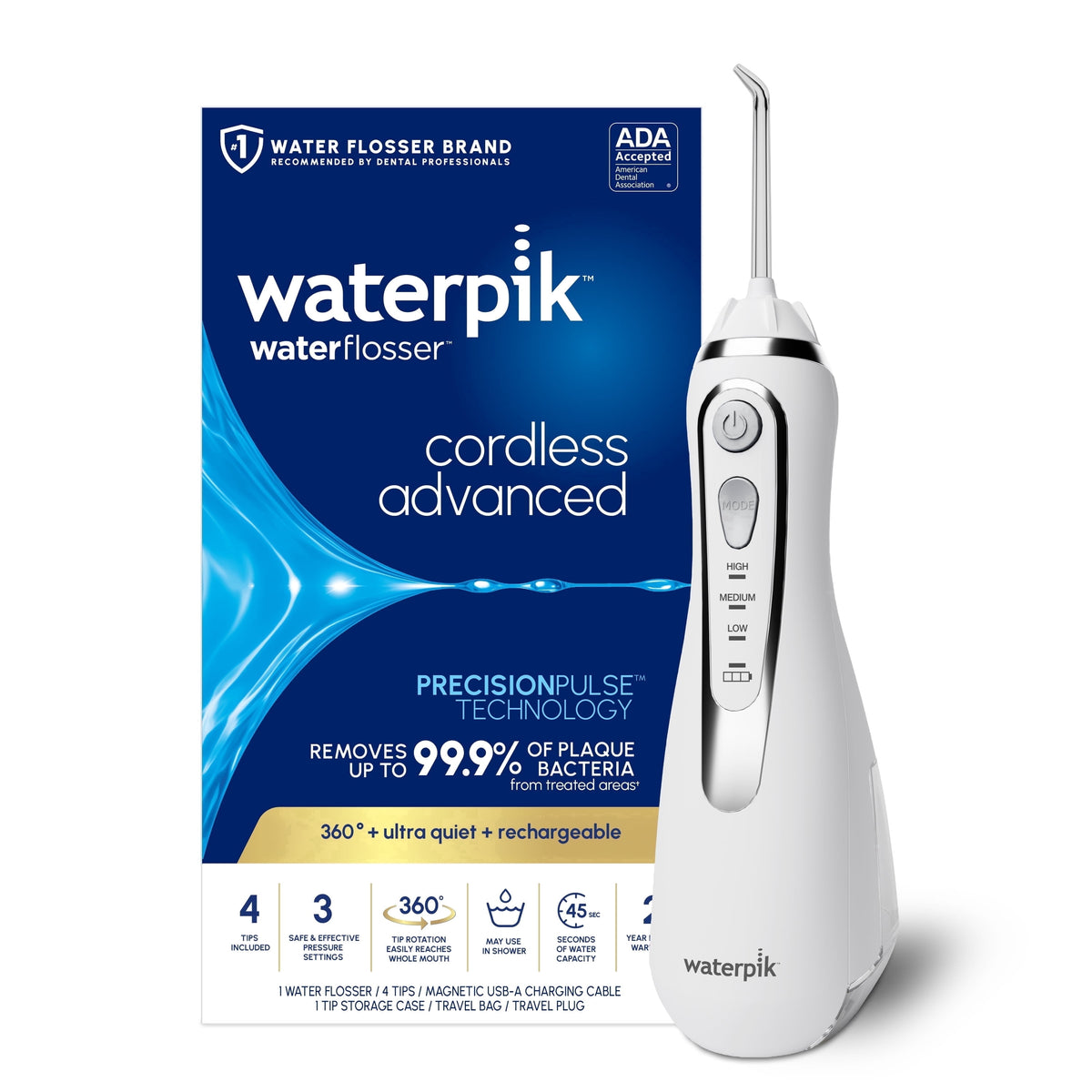 Waterpik Cordless Advanced 2.0 Water Flosser with 3 Settings, 4 Tips & Travel Bag, ADA Accepted, White [100]