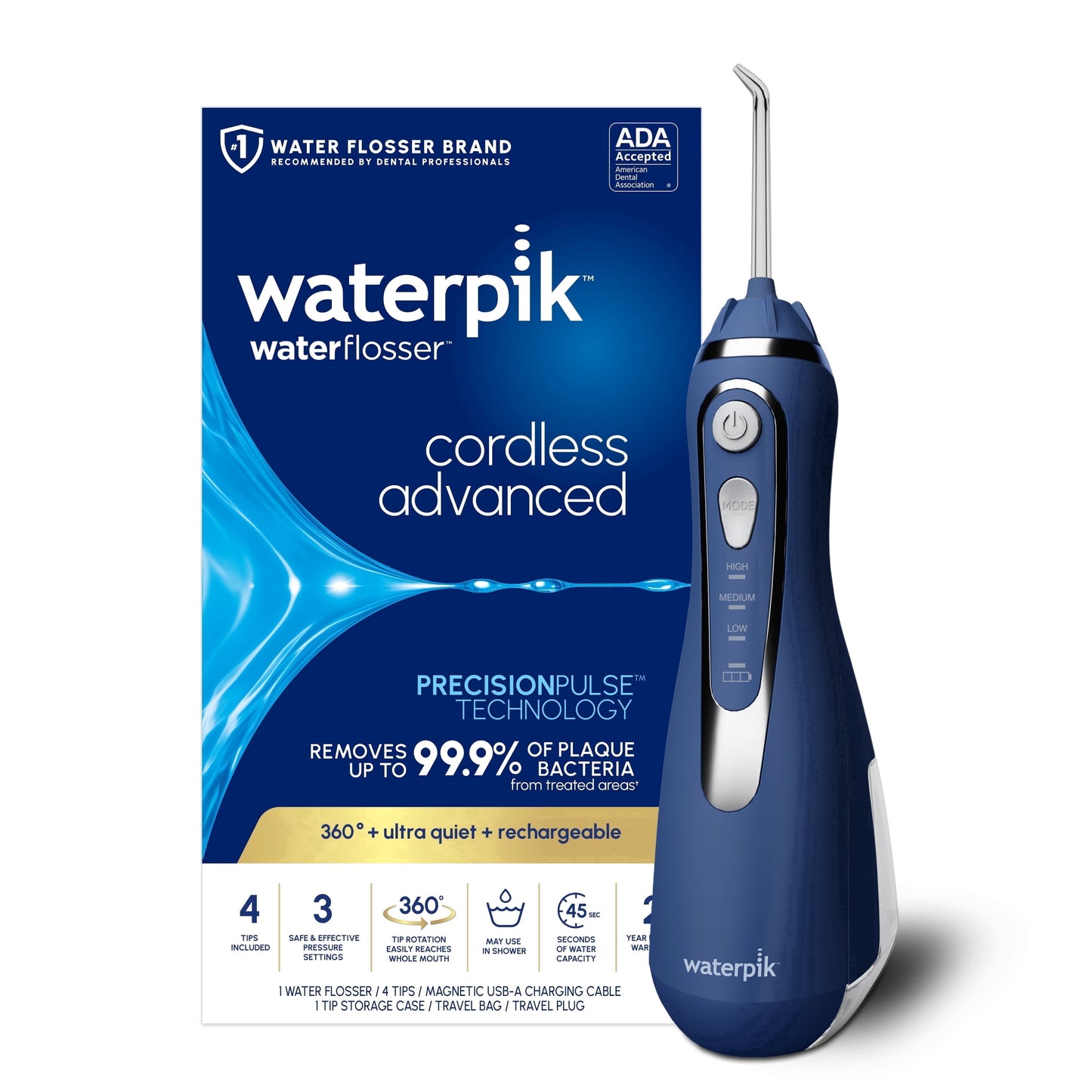 Waterpik Cordless Advanced 2.0 Water Flosser with 3 Settings, 4 Tips & Travel Bag, ADA Accepted, Blue [66]