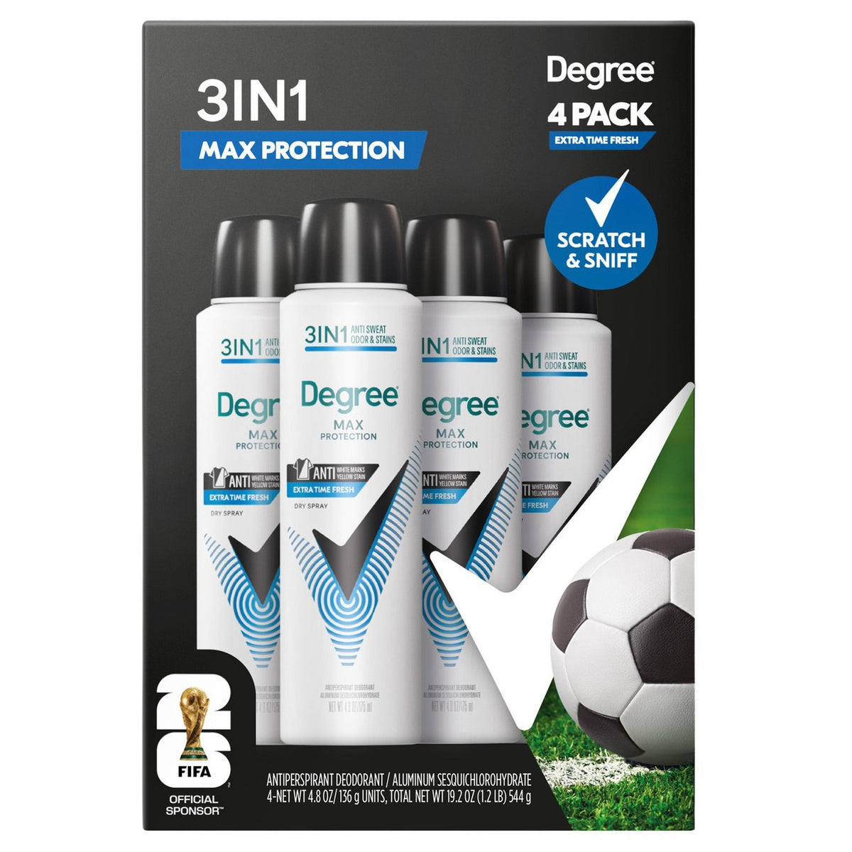Degree Men's Max Protection 3-in-1 Fresh Dry Spray Antiperspirant, 4.8 oz, 4-Pack
