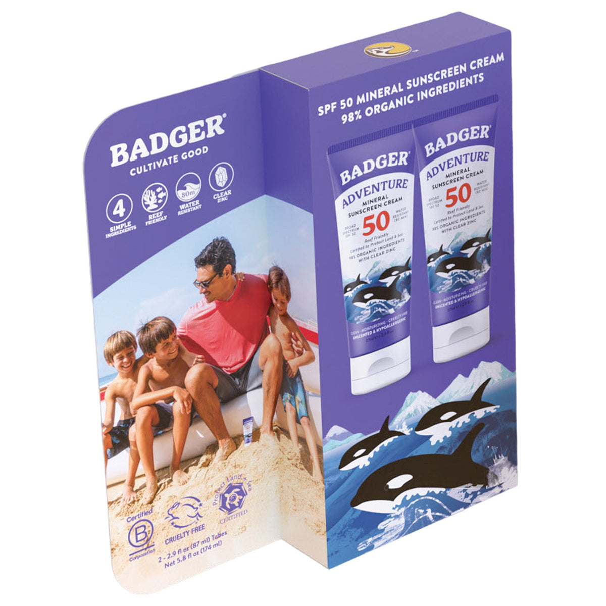 Badger SPF 50 Adventure Mineral Sunscreen Cream, 2-Pack, 2.9 fl oz