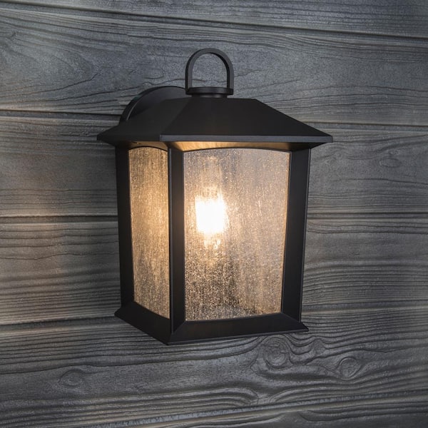 Hampton Bay Ashton 10.87 in. 1-Light Black Hardwired Outdoor Wall Light Lantern Sconce with Seeded Glass and with No Bulb Included 5284002012