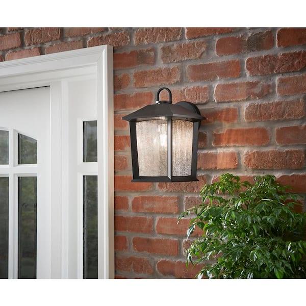 Hampton Bay Ashton 10.87 in. 1-Light Black Hardwired Outdoor Wall Light Lantern Sconce with Seeded Glass and with No Bulb Included 5284002012