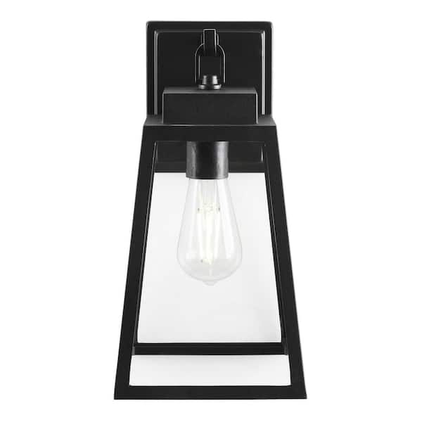 Hampton Bay Corbin Medium 13 in. Modern 1-Light Black Tapered Hardwired Outdoor Wall Light Lantern Sconce with Clear Glass W2205-21
