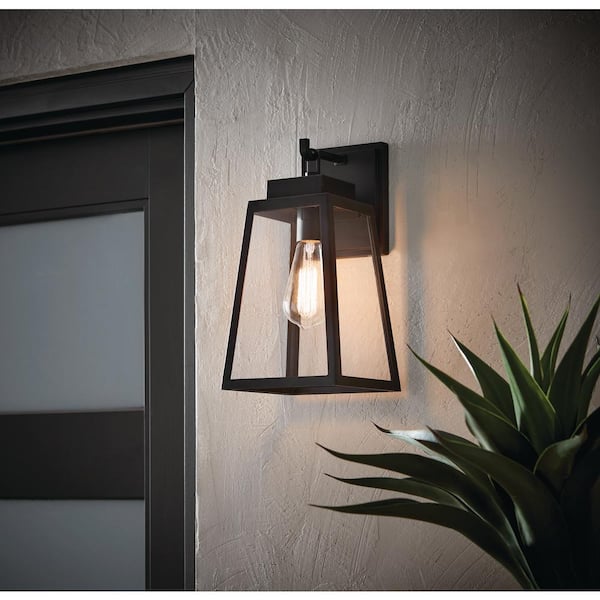 Hampton Bay Corbin Medium 13 in. Modern 1-Light Black Tapered Hardwired Outdoor Wall Light Lantern Sconce with Clear Glass W2205-21