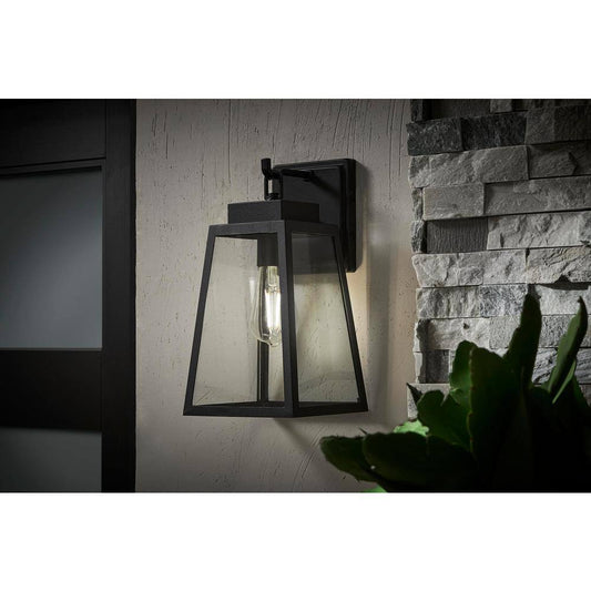 Hampton Bay Corbin Medium 13 in. Modern 1-Light Black Tapered Hardwired Outdoor Wall Light Lantern Sconce with Clear Glass W2205-21