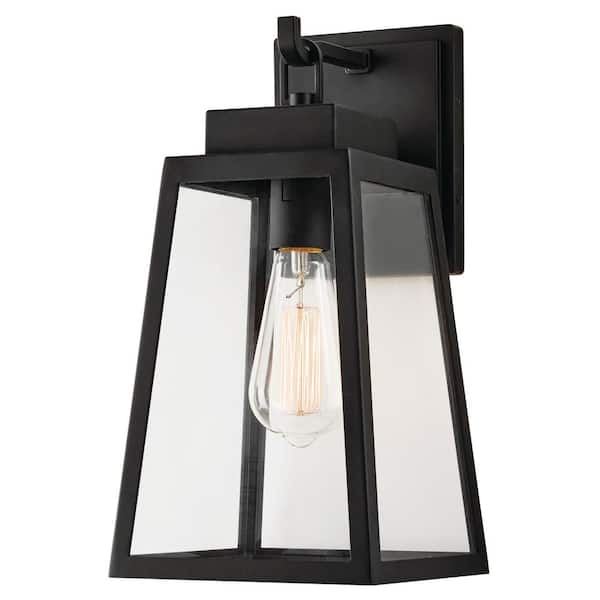 Hampton Bay Corbin Medium 13 in. Modern 1-Light Black Tapered Hardwired Outdoor Wall Light Lantern Sconce with Clear Glass W2205-21