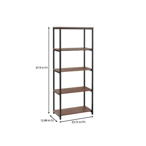 58 in. Black Metal/Haze Wood Finish 5-shelf Accent Bookcase with Open Back