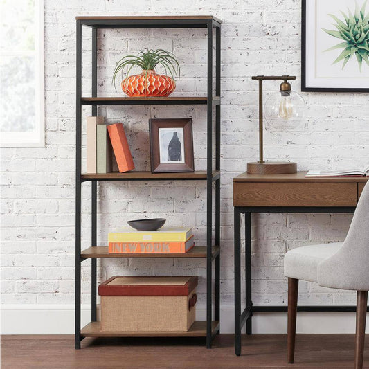 58 in. Black Metal/Haze Wood Finish 5-shelf Accent Bookcase with Open Back