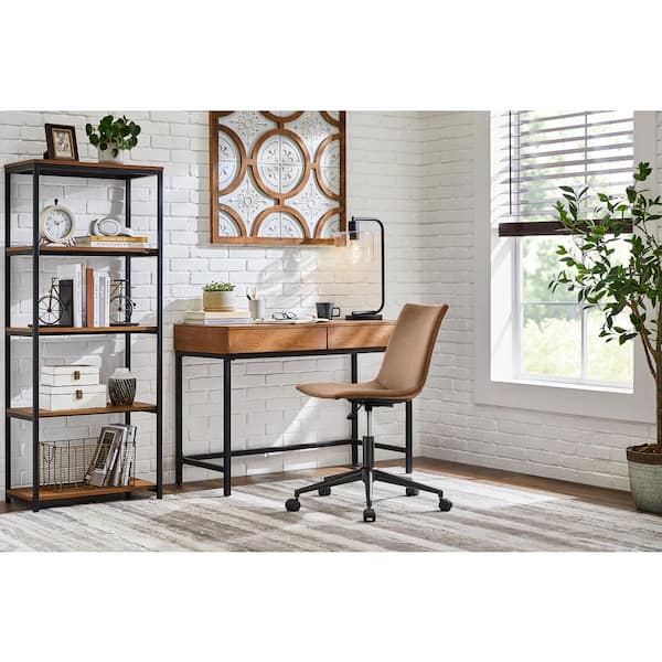 58 in. Black Metal/Haze Wood Finish 5-shelf Accent Bookcase with Open Back