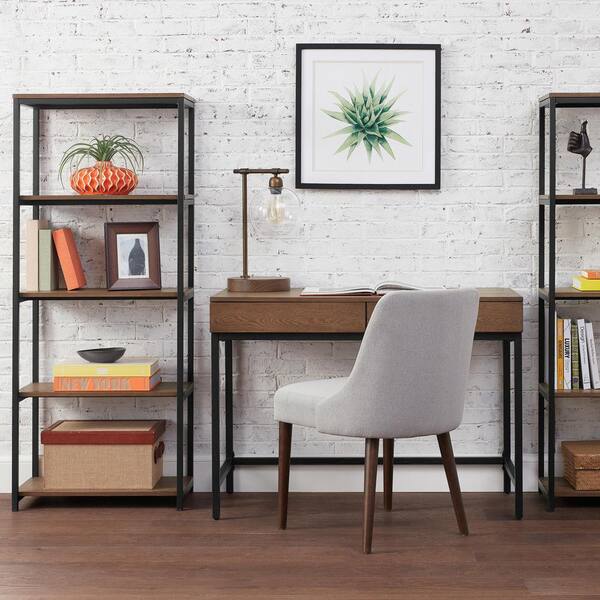 58 in. Black Metal/Haze Wood Finish 5-shelf Accent Bookcase with Open Back