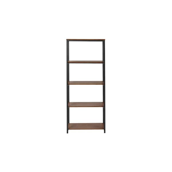 58 in. Black Metal/Haze Wood Finish 5-shelf Accent Bookcase with Open Back